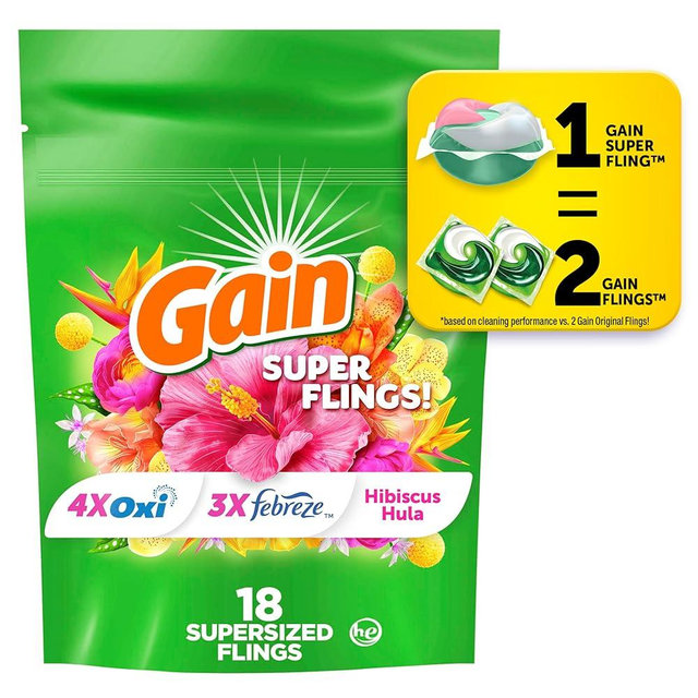 Gain Super Sized Flings Laundry Detergent Pacs, 18 Count, Hibiscus Hula Scent