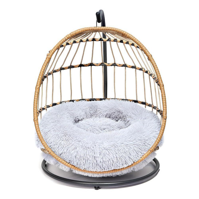 SWITTE Cat Hammock Chair Bed - Removable & Washable Cushion, Hanging Rattan Swing for Indoor Outdoor Cats & Small Dogs, Adjustable Pet Swinging Hammock with 3 Modes - Light Grey