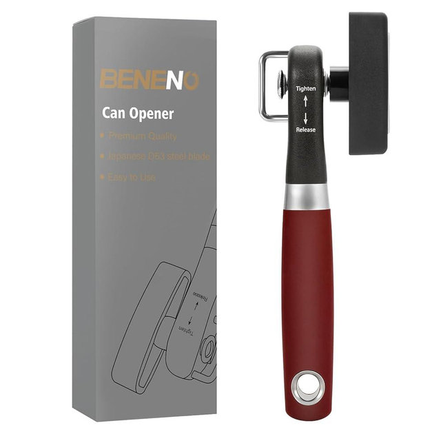 Can Opener Smooth Edge, Side Cut Can Opener Manual with Durable Sharp Blade, Safe Cut Manual Can Opener with Non-Slip Rubber Knob, Side Can Opener with Comfortable Grip Handle, Red