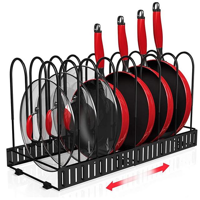 Expandable Pot and Pan Organizer for Cabinet, 10 Non-Slip Tier Pots and Pans Organization Under Cabinets, Kitchen Cabinet Organizers and Storage & Pot Lid Organizer, 6 DIY Methods Cookware Rack