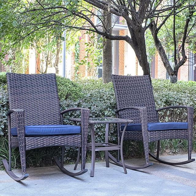 3 Piece Wicker Patio Furniture Sets, Outdoor Wicker Rocking Chairs Patio Bistro Set, Rattan Chairs Patio Furniture Set for Porch Lawn Poolside Backyard with Glass Coffee Table