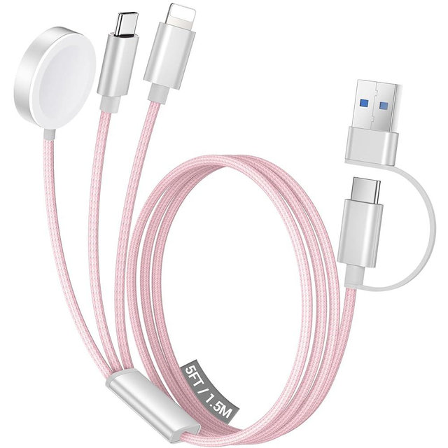 Temdan for Travel Vacation Essentials,3 in 2 USB C Cable for Apple Watch Charger/iPhone 17 Charger/Lightning,Multi Charging Cable Cord,Camping Essentials,Designed for iWatch &iPhone 16-12-5FT Pink