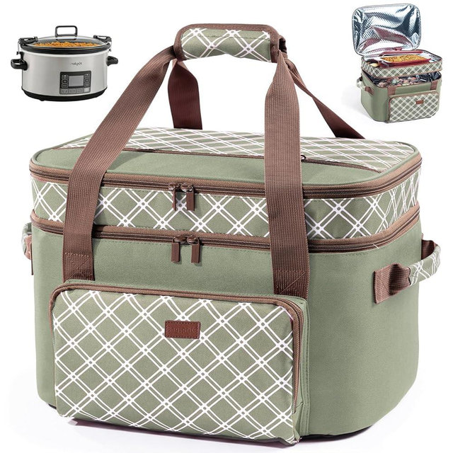 Double Layer Slow Cooker Carrier Bag for 6-8 Quart Oval CrockPot, Insulated Crock Pot Travel Bag with Top Zip Compartment and Front Pocket for Utensils
