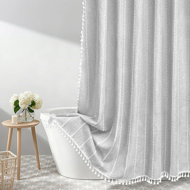 Seenus Boho Chic Shower Curtain Heavyweight with Tassels, Grey Linen Textured Soft Fabric Farmhouse Shower Curtain Water Repellent, 72 x 72 Inch Elegant Gray Striped Bathroom Curtain Wrinkle-Resistant