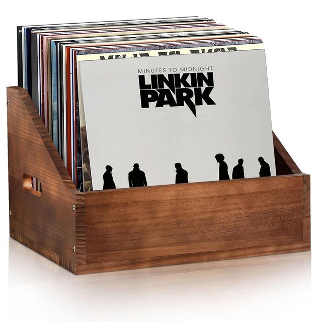 Wooden Vinyl Record Storage Crate, Large-Capacity Retro Record Holder Box for 60+ LP Albums, Durable Solid Wood Vinyl Organizer with Handles, Record Storage Case for Home Decor & Collector Display