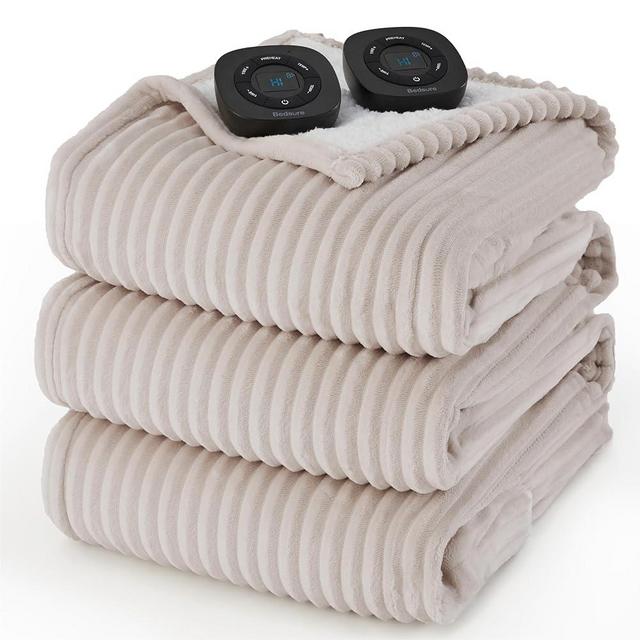 Bedsure Electric Blanket King - Soft Ribbed Flannel Heated Blanket with Dual Control, Fast Heating Blanket with 10 Heating Levels & 10 Time Settings, 8 Hours Auto-Off (90x100 inches, Cream)