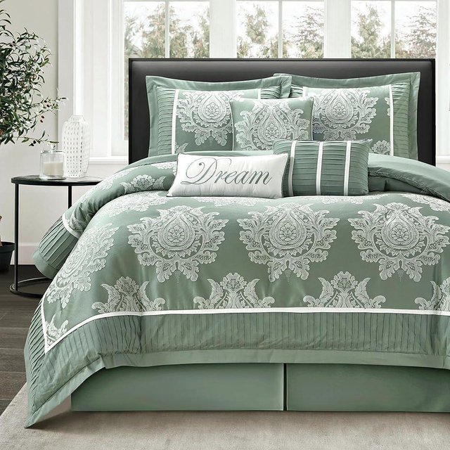 LANCO MODERN LIFESTYLE Sage King Size Comforter Set, 7 Pieces, Jacquard Woven with Damask, Bedding Set in a Bag Includes Comforter, Bed Skirt, Pillow Shams, and Decorative Pillows