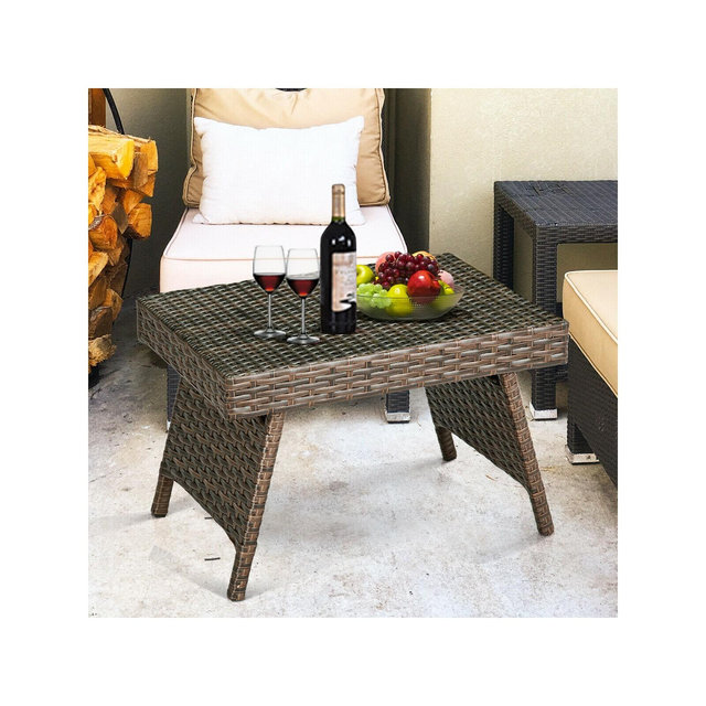 Costway Patio Folding Wicker Side Coffee Table Poolside Garden Lawn Bistro Furniture