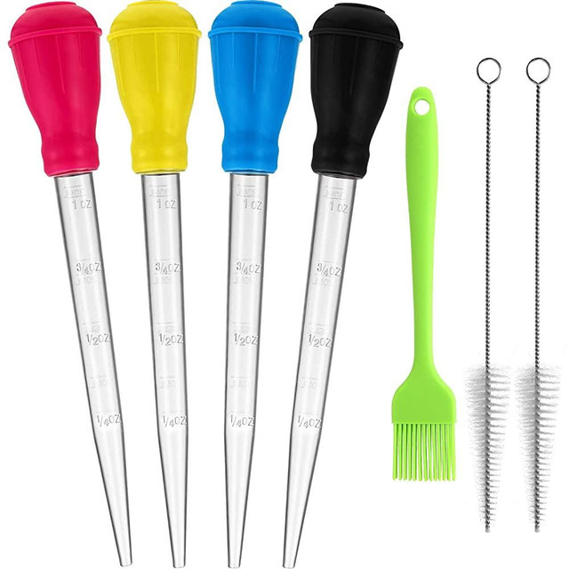 Nylon Heat-resistant Turkey Baster Cooking Set Includes Meat Baster, 1 Silicone Basting Brush and 2 Cleaning Brush for BBQ Grill Baking Kitchen Cooking (7 Pieces, Multicolor)