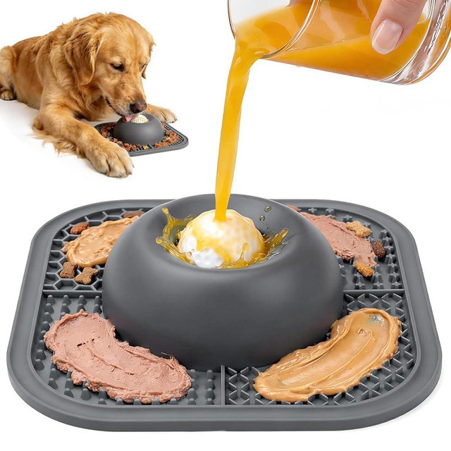 PetsHome Slow Feeder Dog Bowls & Lick Mat for Liquid and Thick Treat, Anti-Slip Dog Lick Bowl with Interactive Rolling Ball, 5/6 Cup Pup Licking Toy for Large Medium Small Dogs and Cats Gray