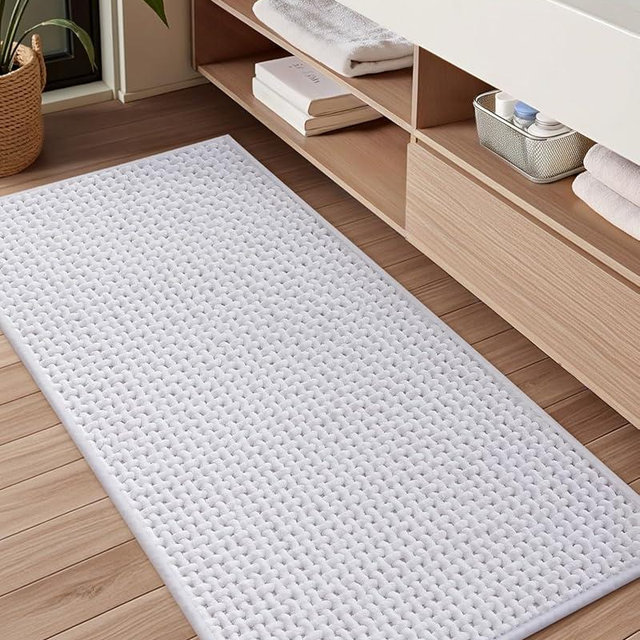 Color&Geometry Chenille Pile Long Bathroom Runner Rugs Upgraded Denser, 24"x47" Non Slip Absorbent White Bath Mats for Bathroom, Washable Shower Mat Outside Shower Quick Dry