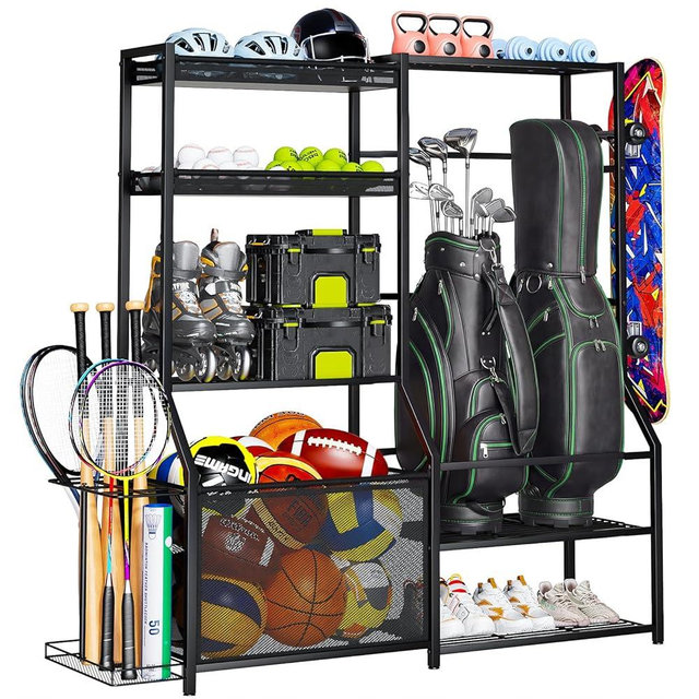 Insdiy Large Sports Organizer for Garage, Ball Storage Rack Garage Sports Equipment Organizer with Side Racks, Baskets, Hooks, Multi-Purpose Golf Gear Storage for Gym Indoor Outdoor