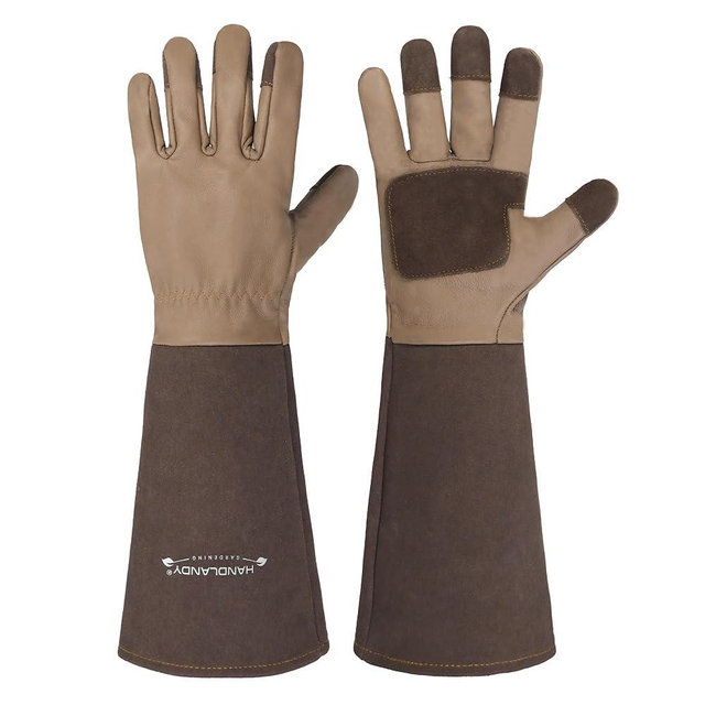 HANDLANDY Long Gardening Gloves for Men & Women, Cowhide Leather Rose Pruning Gloves- Breathable & Durable Gauntlet Glove (Medium, Brown)