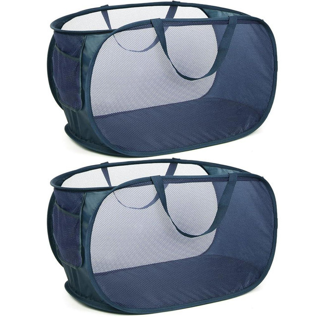 Durable Collapsible Laundry Baskets, Mesh Pop Up Laundry Hamper with Side Pocket, Foldable Clothes Hamper with Reinforced Carry Handles for Laundry, Bathroom, Kids Room, Dorm, Travel 2 Pack Navy Blue