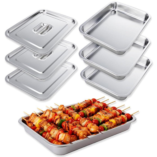 Afarnook 3 Pcs Stainless Steel Grill Prep Trays with Lids 15.75" x 11.81" Large Hotel Pans Metal Food Tray Steam Table Pans for Restaurant Commercial Food Containers Supplies(1.97'' Deep)