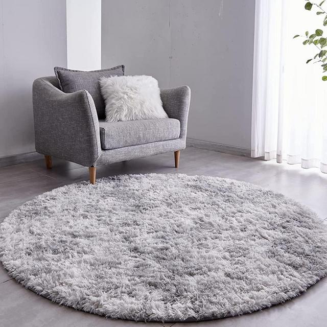 FJZFING Tie-Dyed Light Grey Round Rug Ultra-Soft Plush Modern 7x7 Circle Area Rug for Kid's Bedroom, Fluffy Shag Circular Rug for Nursery Room, Non-Slip Tie-Dyed Light Grey Rug for Teen's Room