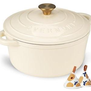 Overmont Enameled Cast Iron Dutch Oven - 7QT Pot with Lid Cookbook & Cotton Potholders - Heavy-Duty Cookware for Braising, Stews, Roasting, Bread Baking white