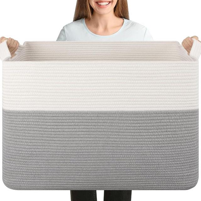 Supre Large Cotton Rope Basket, 108L Storage, Woven for Clothes, Towels, Pillows - 25" x 16" x 16", Grey and White
