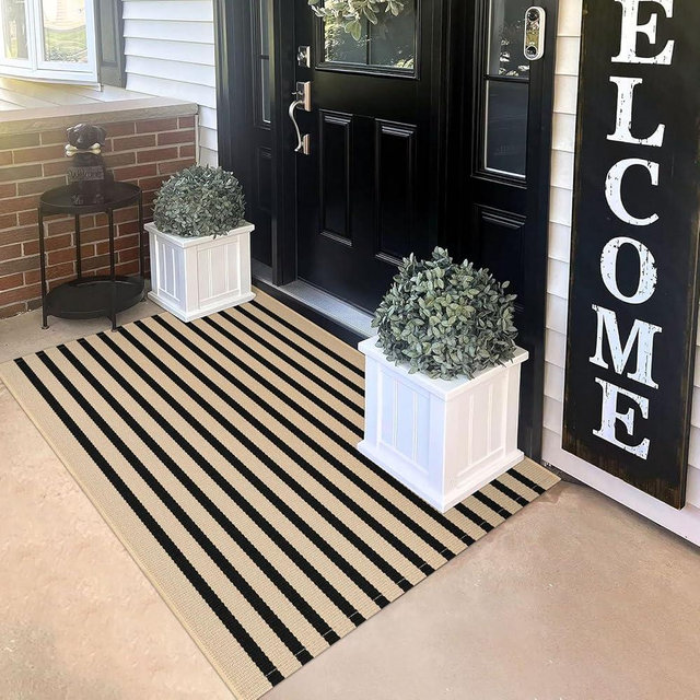 KILOCOCO Striped Rug 3'x5' Front Door Rug Woven Cotton Washable Stripe Layered Doormats Indoor Outdoor Door Mat for Front Porch/Kitchen/Farmhouse/Entryway/Patio, Brown