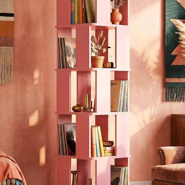 Foxemart 5-Tier Rotating Bookshelf Tower, 360° Spinning Modern Book Storage Bookcase, Stable Display Corner Book Shelf for Kids Room, Living Room, Bedroom, Home Office, Pink
