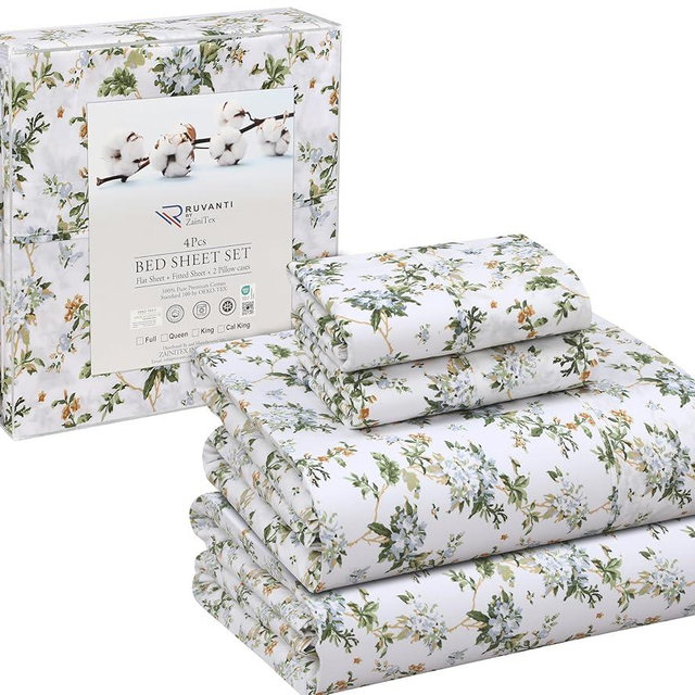 RUVANTI 100% Cotton King Size Sheets Set, 4 Pieces, Soft & Breathable Percale Weave Bedding, Deep Pocket 16", Hotel Standard, Crisp Cool Feel, Durable, Perfect Floral Bed Sheet, Heritage