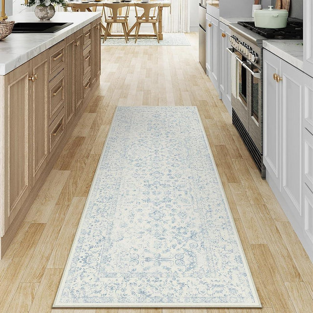 PureCozy 2x6 Blue Runner Rug Hallway Non Slip Kitchen Vintage Distressed Long Carpet Indoor Machine Washable Retro Floral Bedroom Accent Throw Rug for Office Laundry Bathroom Dining Living Room