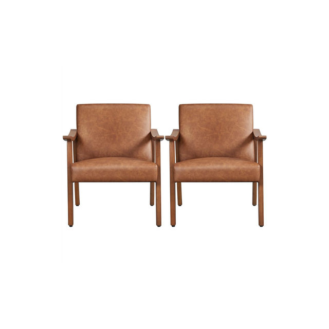 Yaheetech Set of 2 Mid-Century Modern Faux Leather Armchairs with Solid Wood Legs for Living Room, Bedroom, Guestroom, Light Brown