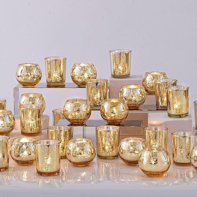 DEVI 48PCS Assorted Gold Votive Candle Holders Bluk, Gold Wedding Decorations, Mercury Glass Candle Holder for Tea lights, Christmas Party Wedding Diwali Centerpieces for Table, Wedding Party Supplies