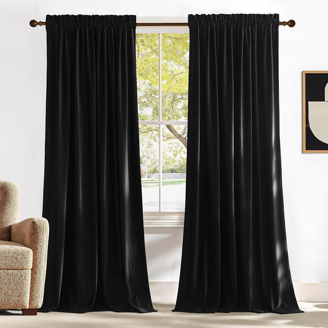 NICETOWN Black Velvet Blackout Curtains 96 inch Long for Living Room and Bedroom, Thermal Luxury Solid Heavy Rod Pocket Drapes/Window Treatments for Hall, Theater (2 Pieces, 52 W)