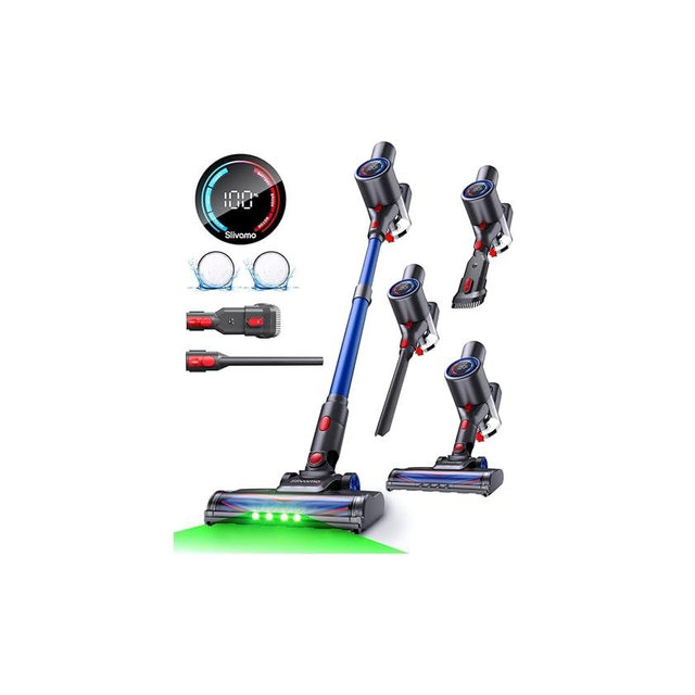 Slivamo S10 Cordless Vacuum Cleaner, 40KPA/500W/45Mins, LED Display, 8-in-1 Lightweight Stick Vacuum Cleaners for Home with Green LED Light, 6-Stages Filtration, Self-Standing Design, Blue