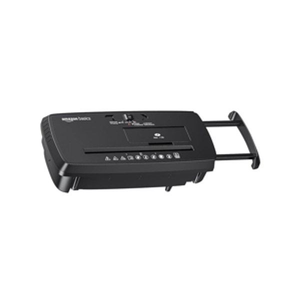 Amazon Basics 8-Sheet Strip Cut Paper, CD, and Credit Card Shredder with Auto-Off Compact, Portable Design, No Basket, Extendable Arm, Black