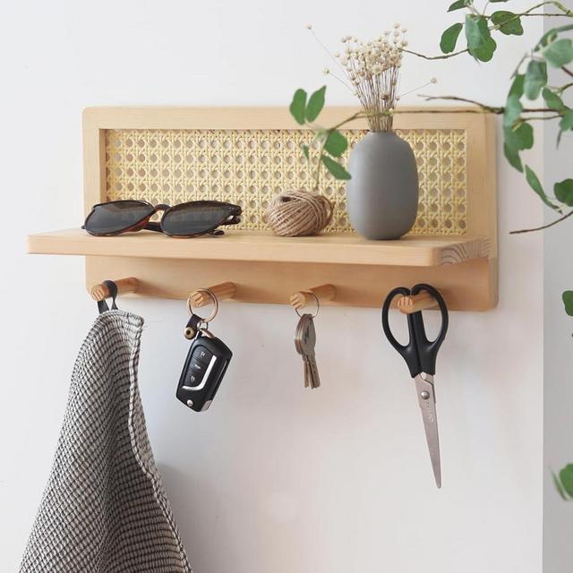 FRIADE PE Rattan Coat Rack Shelf Wall Mounted with 4 Hooks, Decorative Coat Hook Rack with Floating Shelf for Entryway, Nursery, Mudroom, Hallway, Kitchen, Office (Burlywood)