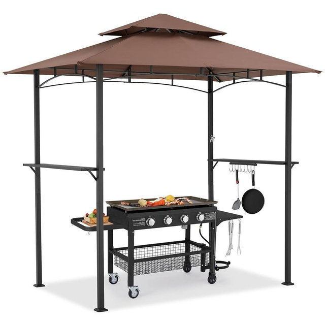 AECOJOY 8' x 5' Outdoor Grill Gazebo Canopy, BBQ Canopy for Outdoor Grill, 2- Tier BBQ Grill Gazebo Shelter for Patio, Backyard and More (Brown)
