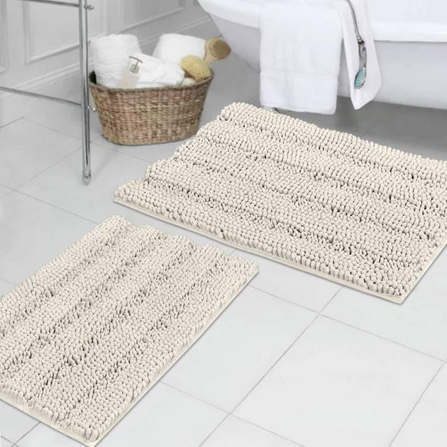 Plush Striped Chenille Bathroom Mats, Extra Soft and Absorbent Fluffy Microfiber Mats for Living Room, Machine Washable Non Slip Floor Mats Cream (20 x 32 17 x 24, 2 Pack)