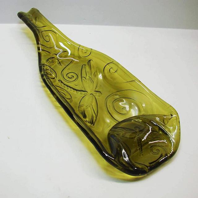 Dragonfly Embossed Shallow Bowl or Large Spoon Rest UpCycled Yellow Wine Bottle