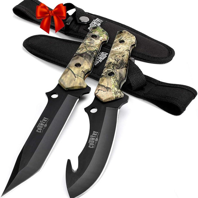 Mossy Oak Fixed Blade Hunting Knife Set - 2 Piece, Full Tang Handle Straight Edge and Gut Hook Blades Game Processing Knife, Sheath Included - Yellow Camo