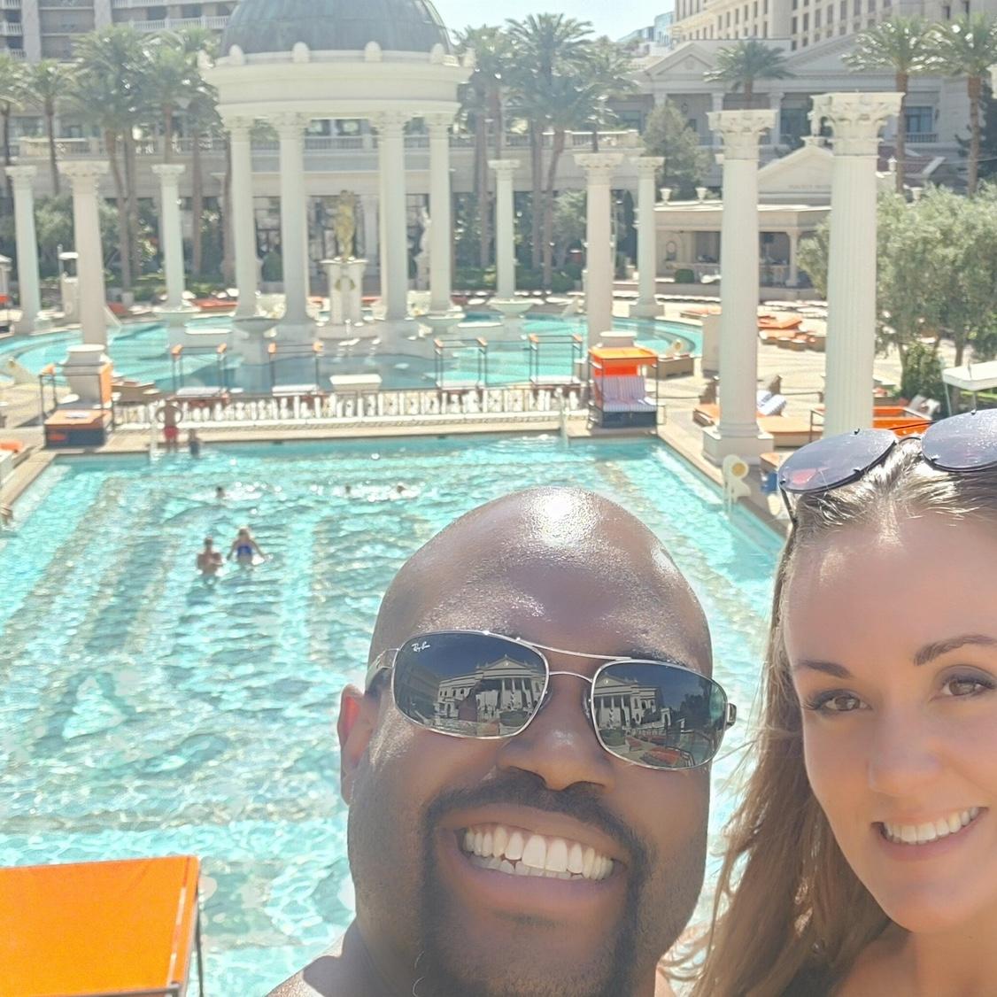 Justins first stay at Caesar’s. This is us standing at the Bacchus pool area (balcony) where we will actually be married at.