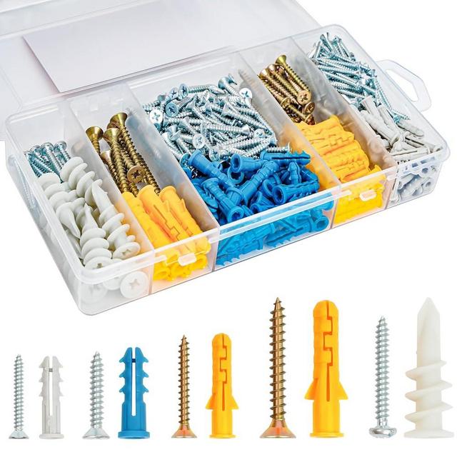 KURUI Drywall Anchors and Screws Assortment Kit 350PCS, 175 Dry Wall Anchors and 175 Flat Head Screw, 5 Sizes Sheetrock Anchor, with Self Drilling Drywall Anchors for Hanging Picture Frame Curtain Rod