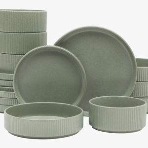 Gibson Elite Deerfield 16-Piece Stoneware Dinnerware Set – Stackable Plates and Bowls, Reactive Glaze, Service for 4, Matte Green - Green