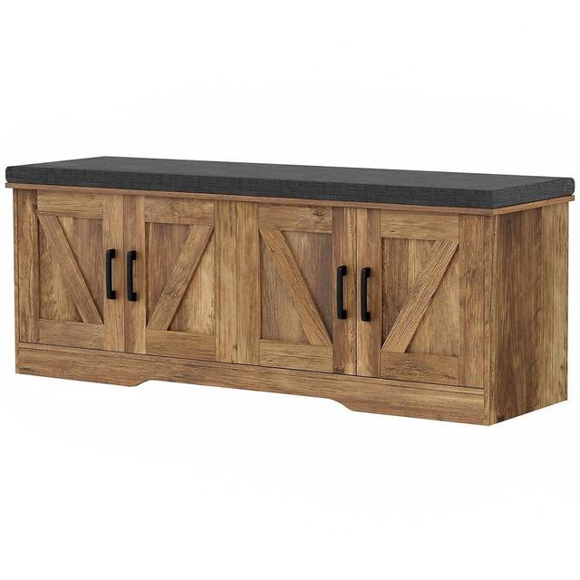 HOMSHO 2-Tier Storage Bench, Shoe Bench with Padded Seat Cushion, Entryway Bench with 4 Barn Doors, Adjustable Shelf, 13.8" D x 47.2" W x 17.7" H, for Entryway, Living Room, Bedroom, Rustic Walnut