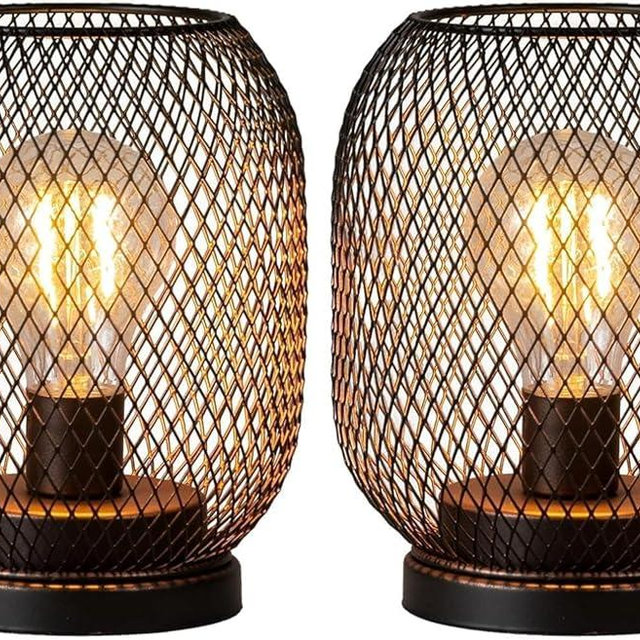 DECORKEY Set of 2 Battery Operated Lamp LED Table Lantern, Brown Metal Cage Cordless Lamps with LED Bulb，Vintage Decorative Outdoor Lantern for Weddings, Parties, Patio, Events for Indoors Shelf Decor