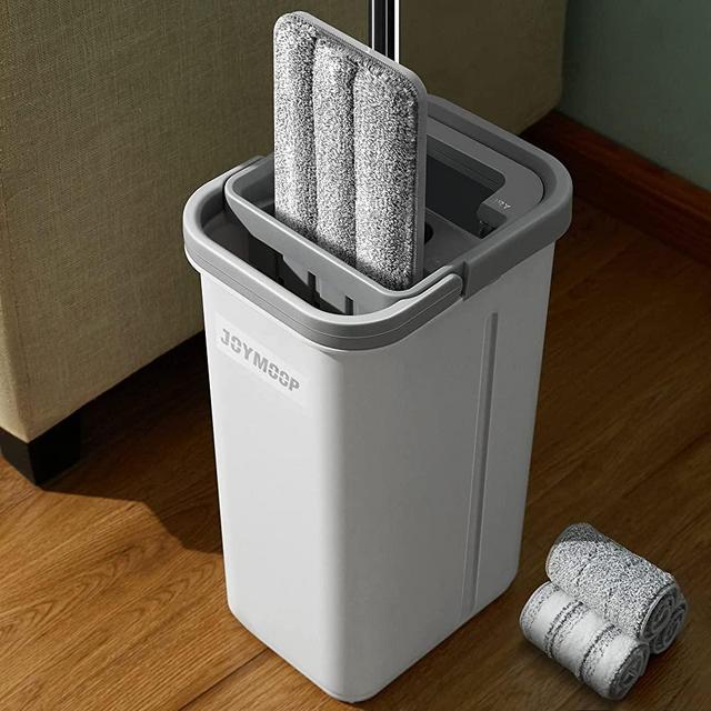 JOYMOOP Mop Bucket Set, Hands Free Squeeze, Floor Mop Bucket Cleaning System, Wet or Dry, Compact Flat Mop Bucket with 3 Washable Microfiber Mop Pads, Dual Chamber Bucket Design