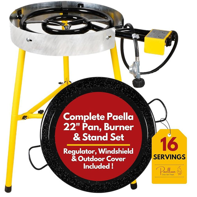Paelluxe Paella Burner and Stand Set 16 Servings, 22 Inch Paella Pan, Dual Propane Outdoor Stove with Stand & Regulator, Portable Gas Cooker for Camping Crawfish Boil Cooking Outdoor, Paellera Propano