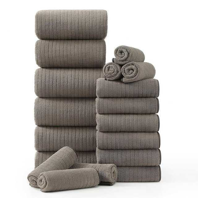 18 Piece Family Bath Towel Set Include 6 Bath Towels,6 Hand Towels and 6 Washcloths Soft Bathroom Towel with Hanging Loops,Highly Absorbent Quick Dry Towels Set for Bathroom,Hotel and Spa-Brown