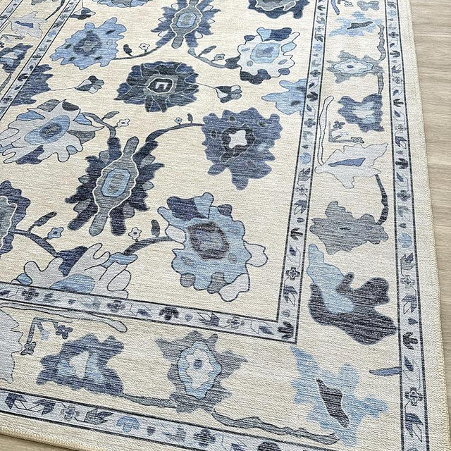 Navy Blue Oushak Rug, Modern Rugs, Vintage, Turkish, Eclectic, Floral, Pastel, Washable, Small Throw, Accent Area Rug for Living Room, Bedroom, Kitchen, Bathroom, 2'5"x4'9"