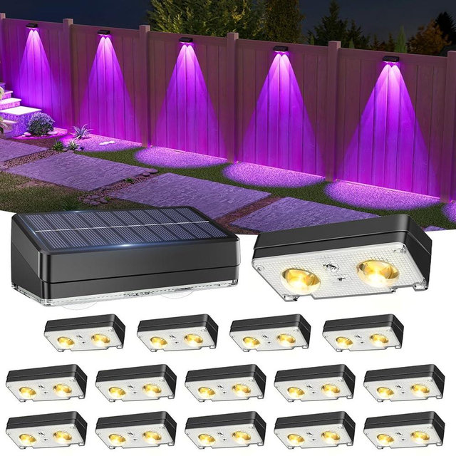 VOLISUN Solar Fence Lights 16 Pack, Warm White, Cool White and RGB Color Glow LED Lamp, IP65 Waterproof Fence Solar Lights Outdoor for Patio, Backyard, Railing, Deck and Wall（Black）