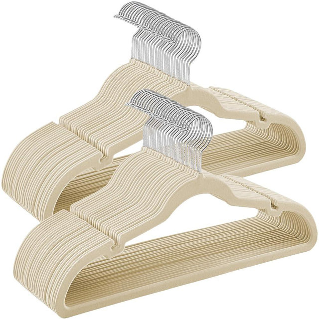 SONGMICS Velvet Hangers 50 Pack, Non-Slip Clothes Hangers, with Shoulder Notches, Pants Bar, 360° Swivel Hook, Space-Saving, for Closet, Sand Beige UCRF029K05