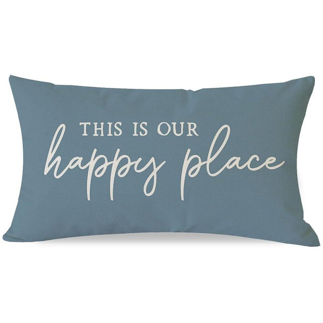 PANDICORN This is Our Happy Place Pillow Covers 12x20 Inch Dusty Blue Modern Farmhouse Outdoor Fall Winter Decorations Lumbar Decorative Throw Pillow Case for Home Sofa Couch Living Room Decor