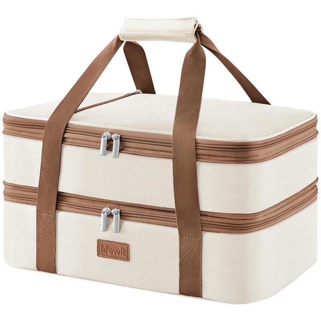 Lifewit Double Decker Insulated Casserole Carrier for Hot or Cold Food, Casserole Dish with Lid and Carrying Case, Lasagna Holder for Potluck Parties/Picnic/Cookouts, Fits 9"x13" Baking Dish, Beige