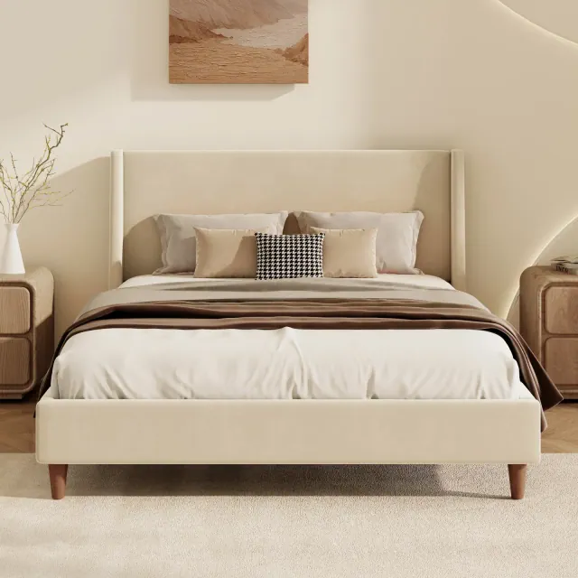 Queen Size Velvet Upholstered Platform Bed Frame with Wingback Headboard and Walnut Wooden Legs, Cream, No Box Spring Needed-ModernLuxe